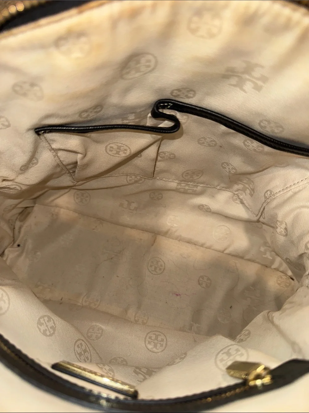Tory Burch Bag Robinson Black Leather Perforated Dome Top Handle Bag